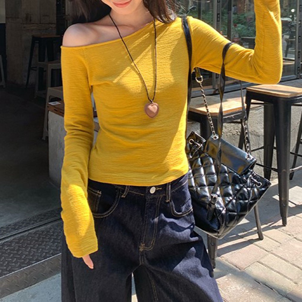 Original fabric yellow irregular off-shoulder long-sleeved T-shirt female hot girl off-shoulder top