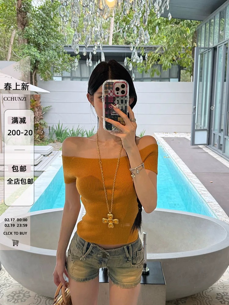 cchun純子 25春夏 純欲辣妹一字肩修身顯瘦多巴胺針織短袖上衣