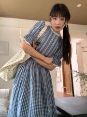 法式復古浪漫學院風長裙女2025夏季新款絕美初戀小清新格子連衣裙