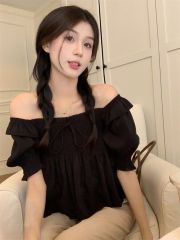 One-shoulder ruffled shirt for women in summer new short style shirt short sleeve slim top