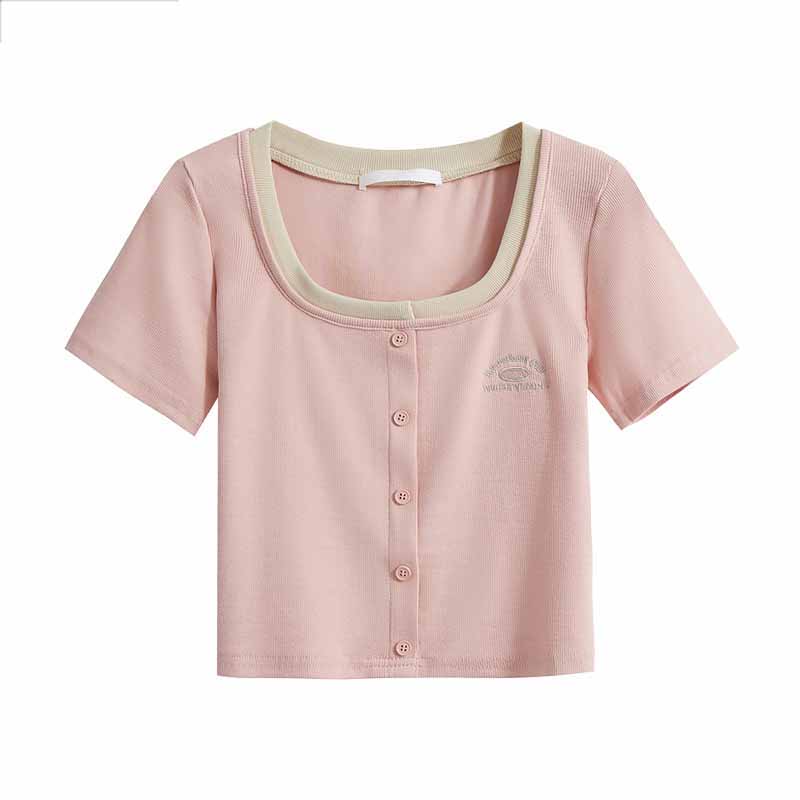 40支95棉5氨綸210克質量上衣法式夏露臍短袖T恤女 大碼M-4XL