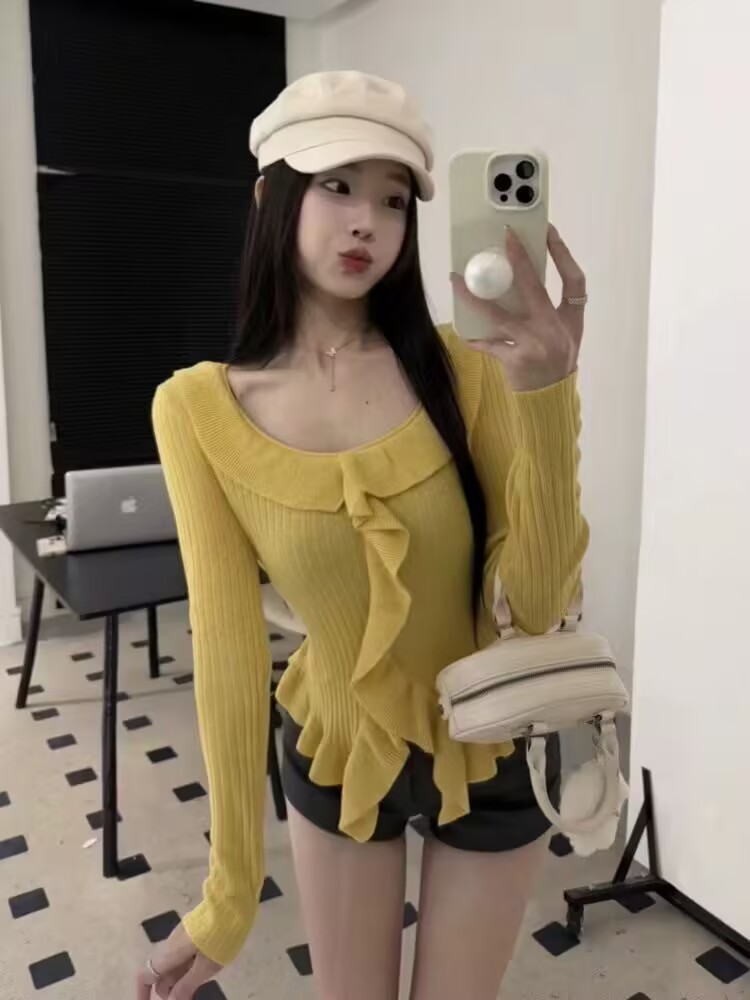 木耳花邊掐腰設計感方領長袖打底衫上衣女早春新款韓版純欲甜美潮