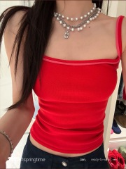 SUNONEONE 撞色針織吊帶女初春2025新款紅色性感百搭短款修身上衣