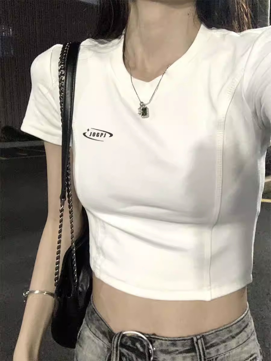 雙邊條+印花40支92棉8氨綸210克後包領小眾設計感辣妹短款T恤