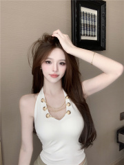 實拍~純欲風V領掛脖吊帶背心早春修身內搭黑色短款絕美上衣女