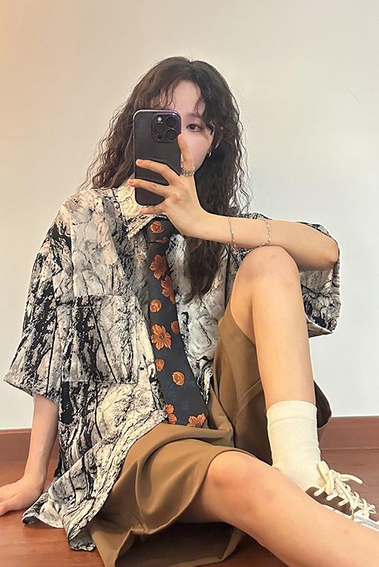 復古夏季寬鬆情侶滿印暈染襯衫女百搭美式polo衫慵懶風短袖襯衣潮