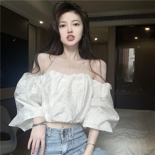 2025 summer new jacquard strapless one-length puff sleeves off-shoulder sexy sweet hot girl short top for women