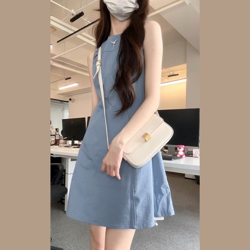 法式藍色無袖連衣裙子女春夏季2025新款miu系列小個子a字背心短裙