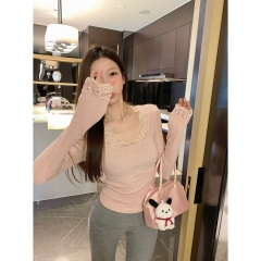 Real shot of early spring Korean version of pure desire square neck lace splicing slim and gentle long-sleeved base shirt T-shirt top