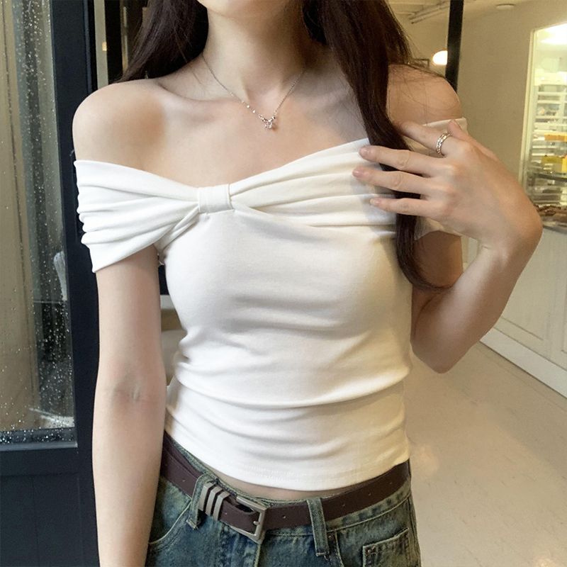 Colorful cotton ribbed French temperament T-shirt for women's summer design bow one-length top