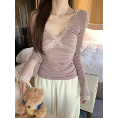 Real shot of early spring Korean version of V-neck cross lace pure hair long-sleeved T-shirt underwear