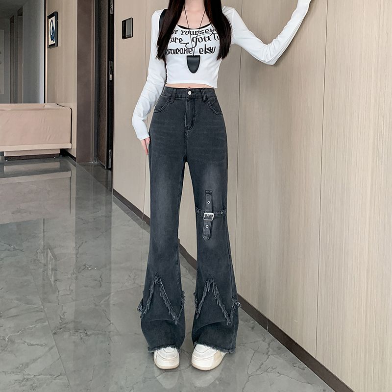 實拍~美式復古毛邊微喇叭牛仔褲女設計感辣妹修身顯瘦馬蹄褲