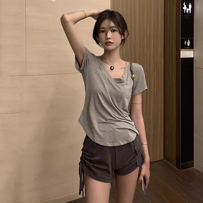 210g pure cotton thread irregular hot girl pure desire short-sleeved top