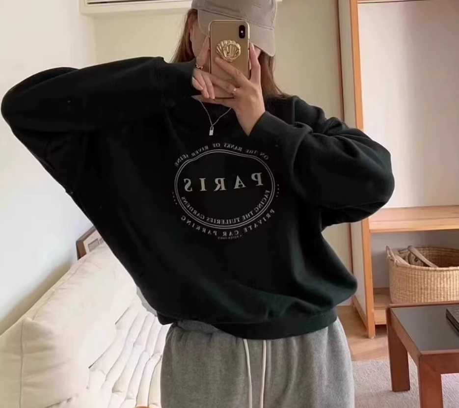 Women's spring, autumn and winter retro cartoon print pullover lazy style round neck top trendy