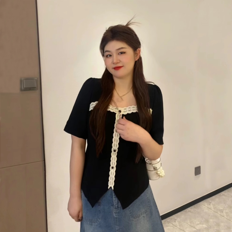 新款大碼女裝正肩黑色短袖t恤女胖mm顯瘦不規則方領上衣