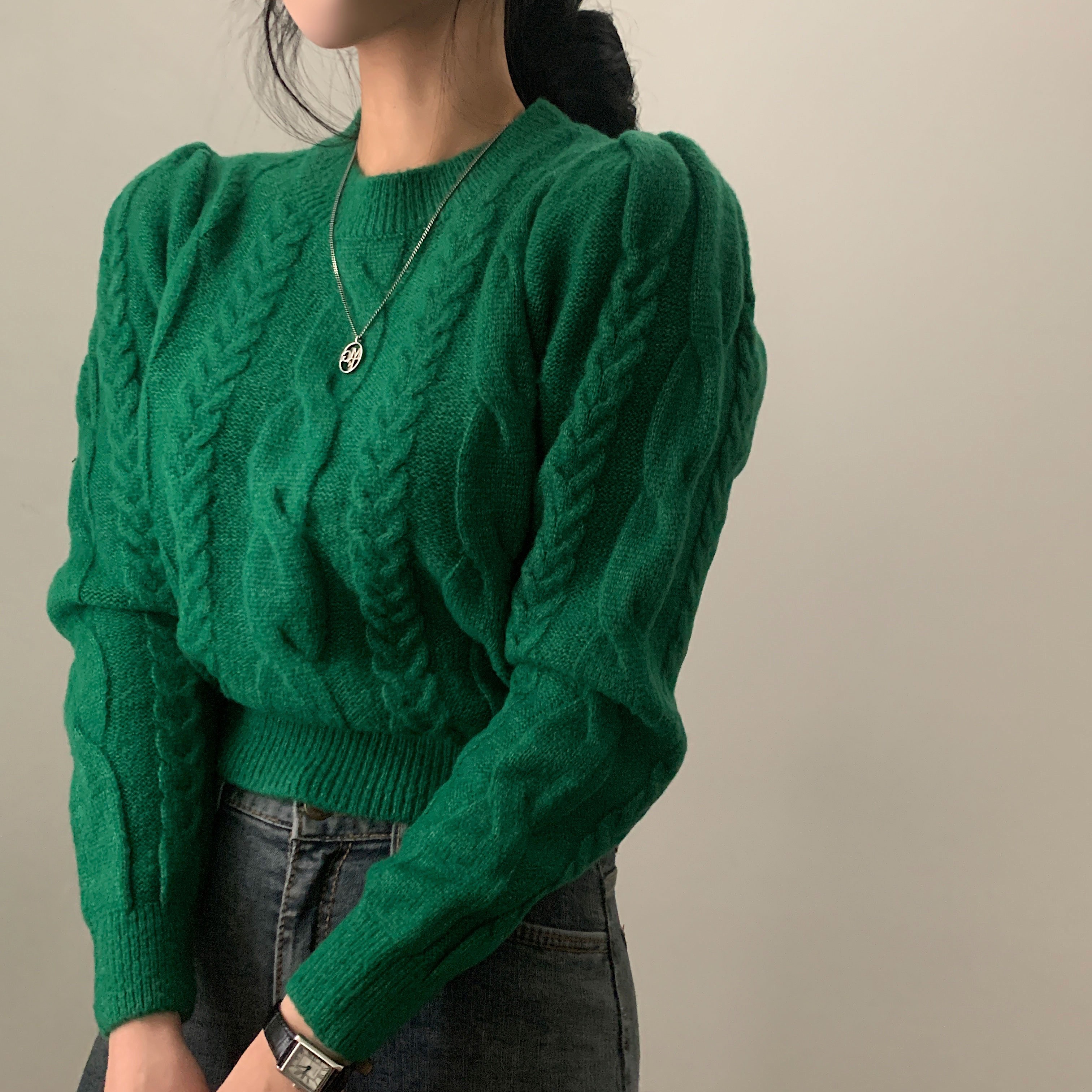 Real shot Korean style braided sweater elegant solid color bubble lantern sleeve round neck short slimming basic long-sleeved knitted sweater 