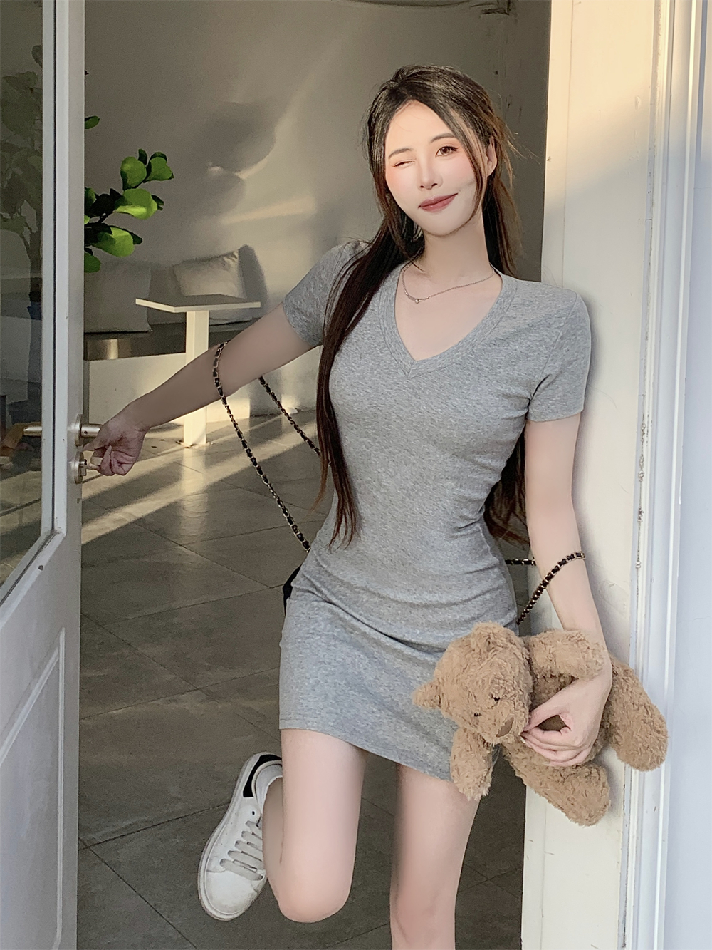 實拍  40支純棉210克92棉/8氨綸連衣裙女修身顯瘦v領