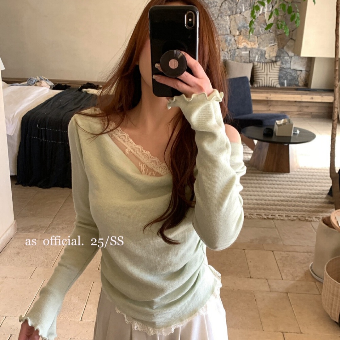 純欲范小露香肩蕾絲拼接盪領露肩長袖上衣女2025春季設計感小衫