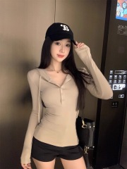 Original cotton fabric Korean hooded long-sleeved T-shirt for women casual and versatile spring slim niche top