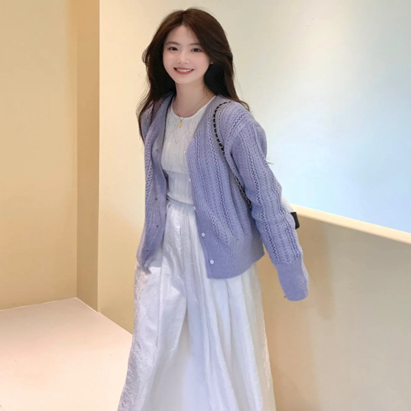 紫色鏤空毛衣薄款外套女春夏溫柔風開衫氣質馬海毛針織衫上衣