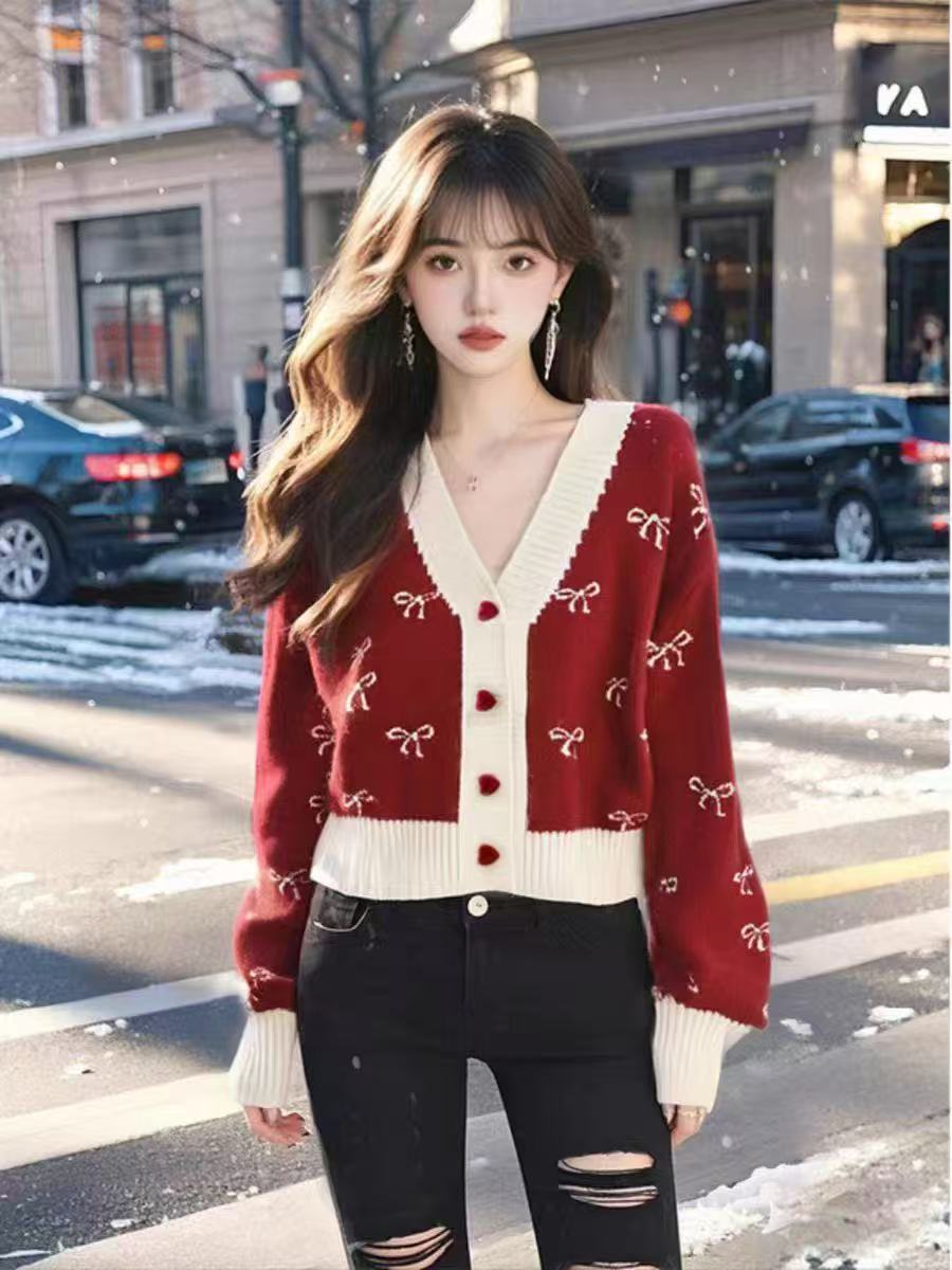 甜美撞色V領針織衫女2025春季新款法式溫柔氣質毛衣減齡時尚上衣