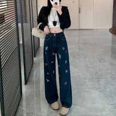 深藍色美式卡通刺繡牛仔褲女春季新款辣妹寬鬆直筒褲子