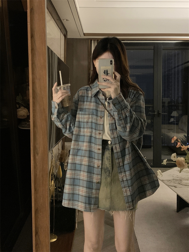 2025早秋新款復古格紋襯衫外套女寬鬆休閒顯瘦中長款情侶襯衣外穿