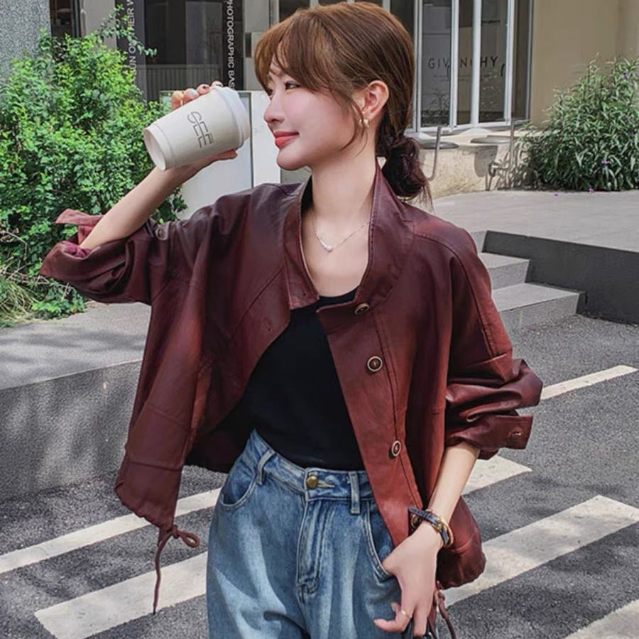 Ankorah Red Short-Pencil Skirt Jacket Women Spring 2025 New Style American Chic Motorcycle Suit PU Leather Jacket Top