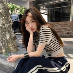 張貝貝ibell修身顯瘦圓領條紋短T女夏休閒百搭桑蠶絲羊毛短袖針織