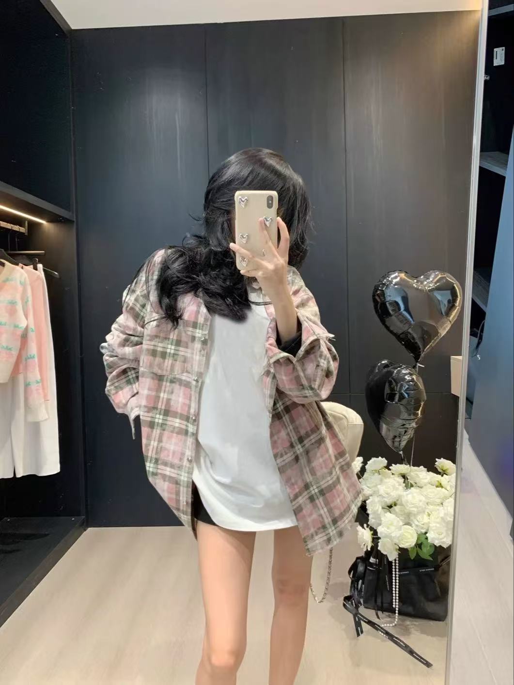 粉色撞色藝術感格子襯衫外套女春秋季設計感小眾做舊情侶襯衣