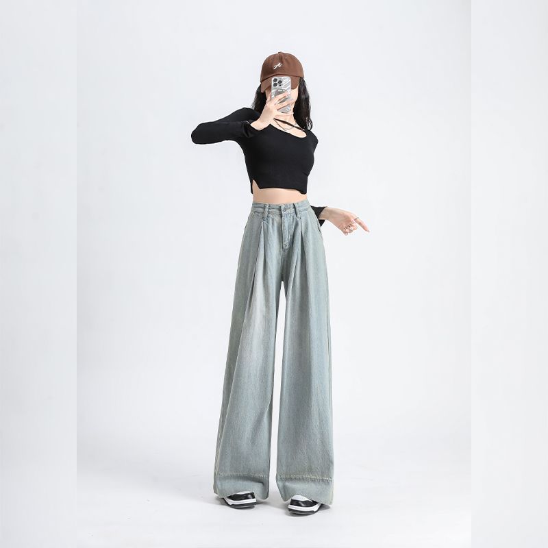 Spring and Autumn Wide Leg Jeans Women's Wrinkled Design Drop Straight-Legging Pants High Waist Retro Floor Pants
