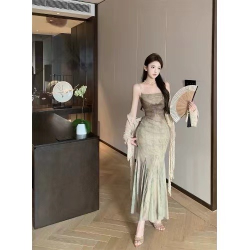 Retro butterfly mesh elastic new suspender dress for women summer temperament skirt hot girl slim hip-packing long skirt