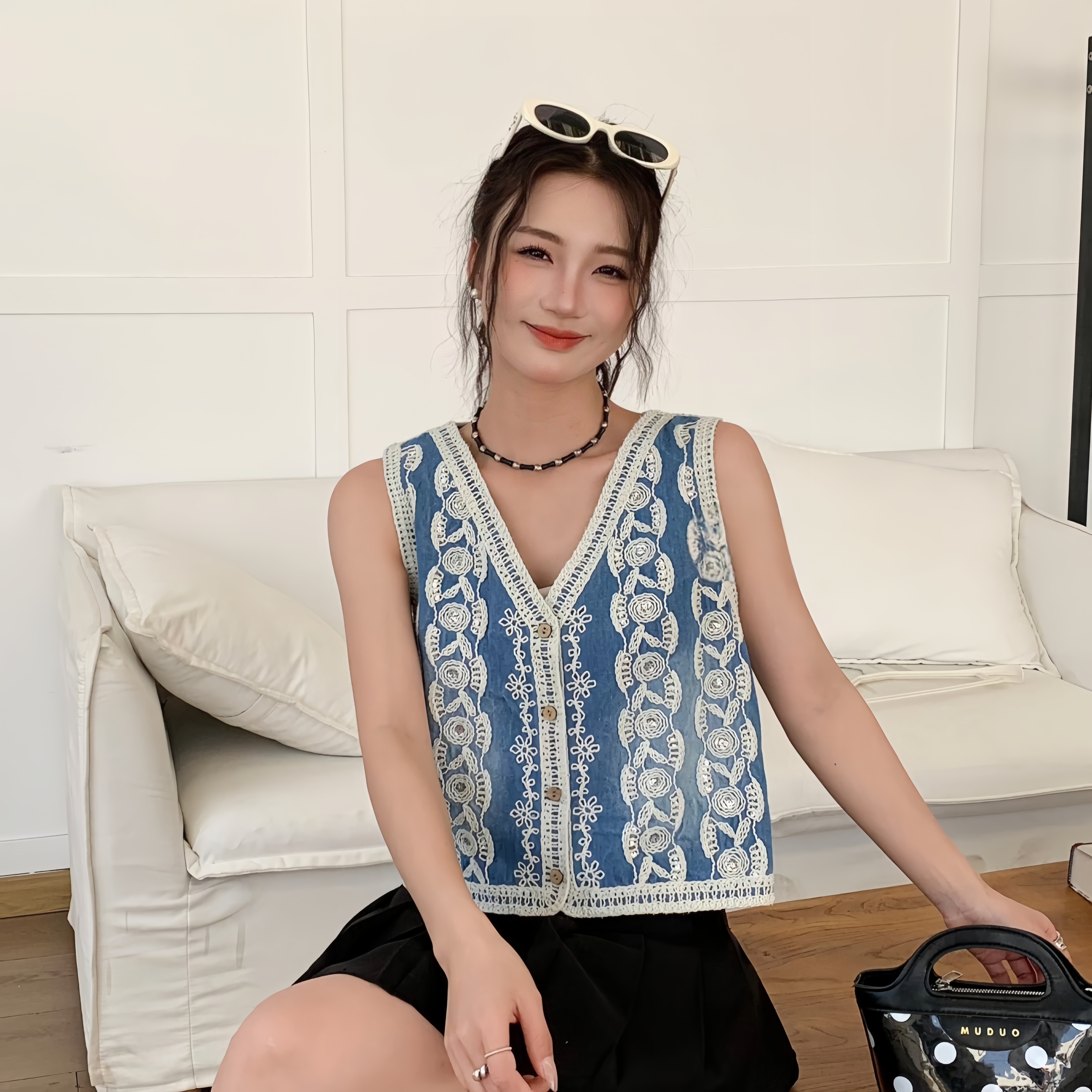 民族風V領鈎花刺繡馬甲2025夏復古流蘇牛仔背心甜美坎肩疊穿上衣