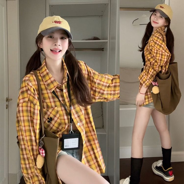 春秋黃色格子美式復古多巴胺襯衫外套女薄款慵懶風寬鬆開衫襯衣