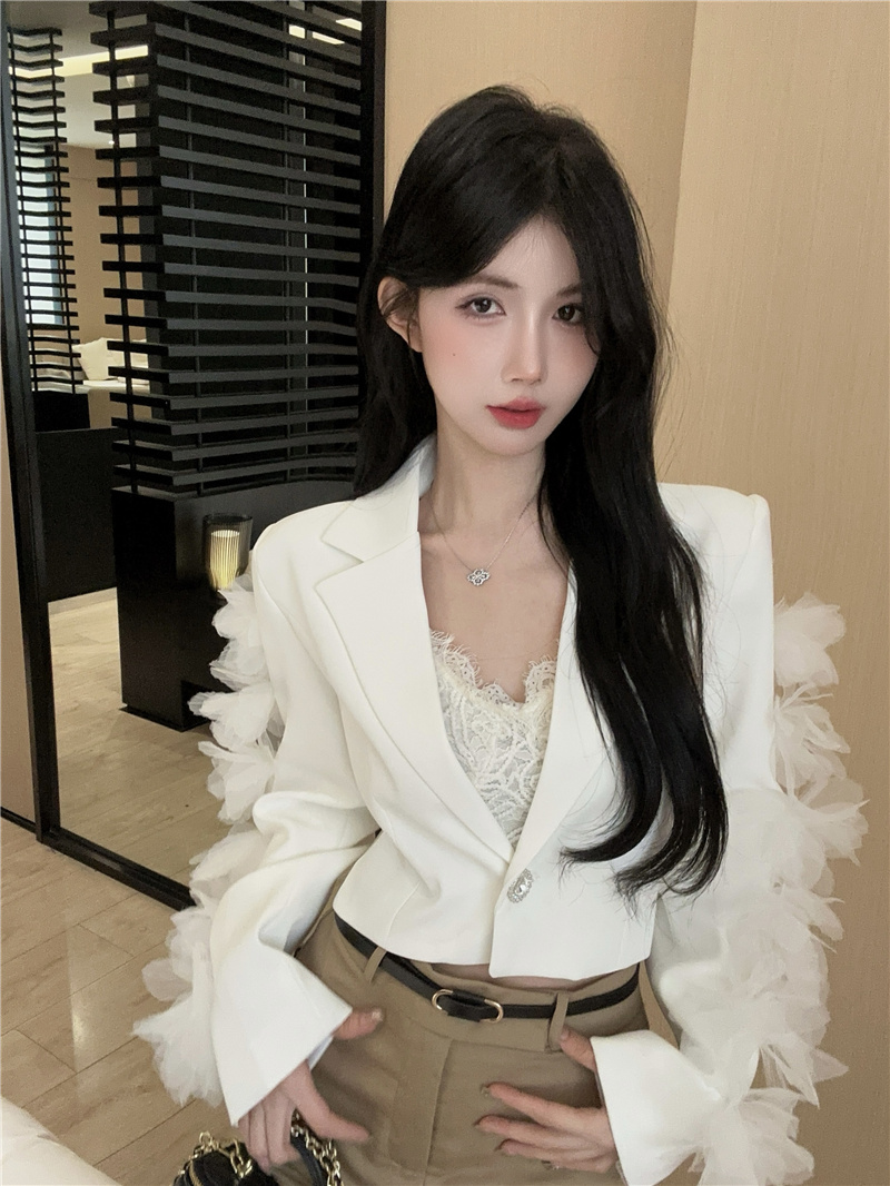 實拍~2025春季新款法式甜美小香風立體網紗花朵西裝短外套女