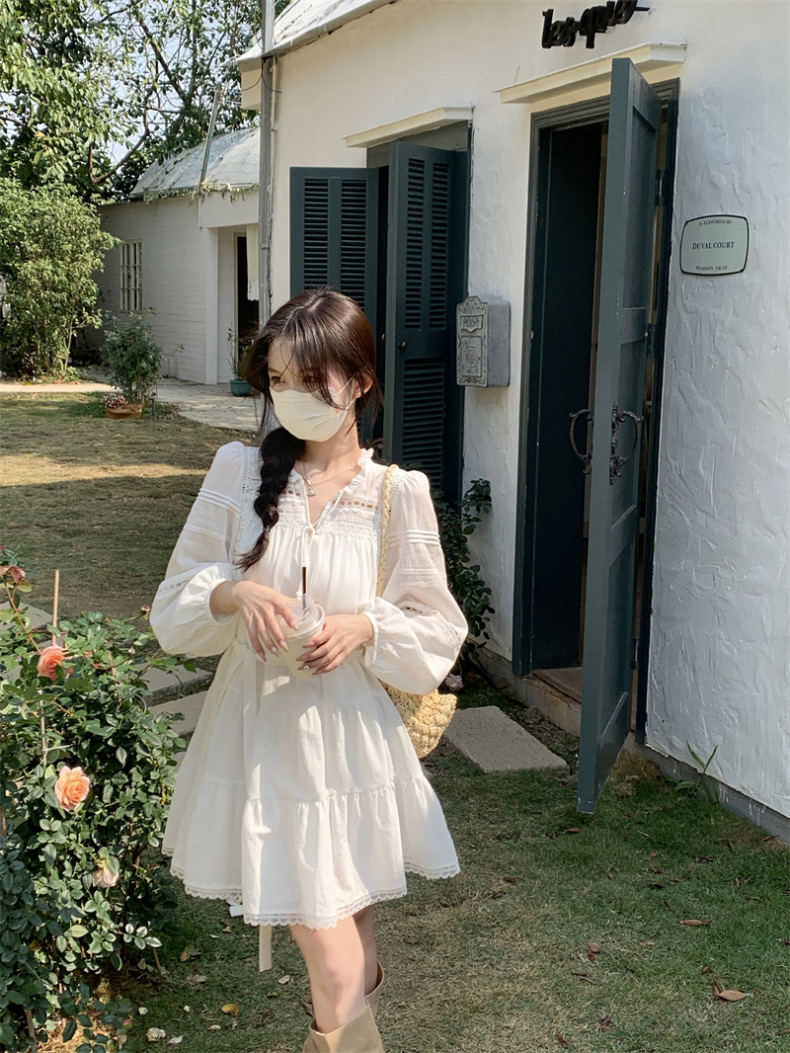 新款民族風鏤空法式拼接長袖連衣裙夏季波西米亞寬鬆A字短裙