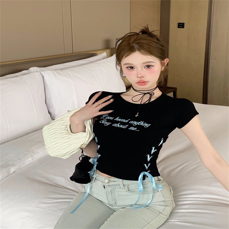 Bow tie-up straps for front shoulder short sleeves T-shirt for women in women's summer new pure sweet hot girl short top is unique and beautiful