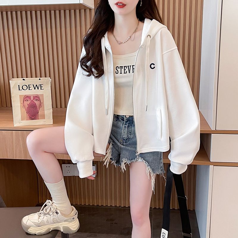 實拍2025春秋新款華棉韓版慵懶風開衫連帽外套衛衣女