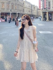 Bow tied sequin neck halter dress for women summer temperament high-end princess doll skirt sleeveless birthday skirt