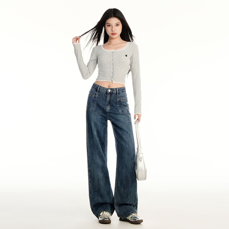 Real shot of 2025 spring fashion trend casual pants for women high waist drooping wide-leg pants