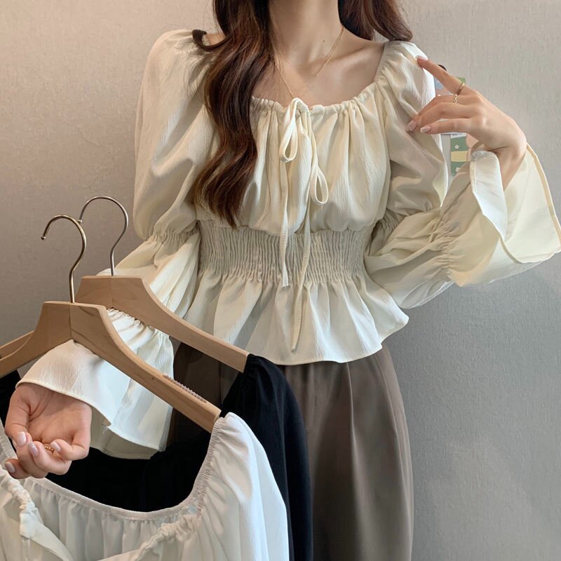 2025春季法式復古方領泡泡袖修身顯瘦長袖襯衫女裝設計感小眾上衣