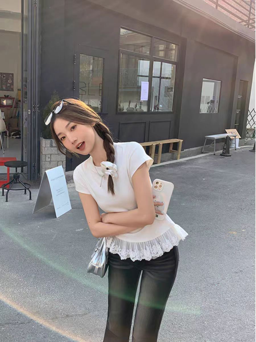260g pure cotton back collar ballet style lace short-sleeved T-shirt for women in summer interior design top