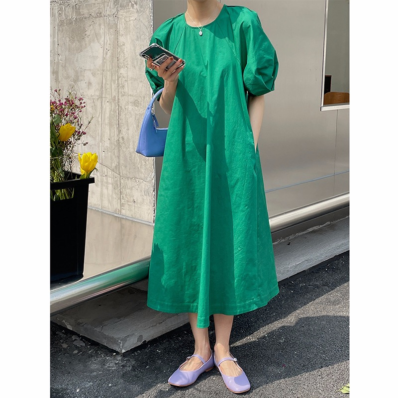 法式連衣裙女夏外貿新款韓版圓領泡泡袖長裙氣質寬鬆顯瘦裙子