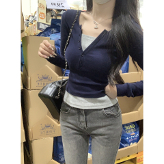 Real shot of spring Korean style slim fake two-piece contrasting button design pure cotton long-sleeved T-shirt women's top