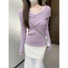 Real shot of the Korean version of early spring pure and irregular cross design to make it look slim Andy velvet sweater long-sleeved sweater