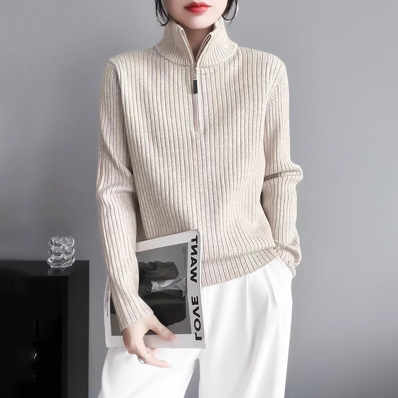 Korean new style 2025 spring new style stand collar zipper design sweater fashionable versatile sweater pullover top for women