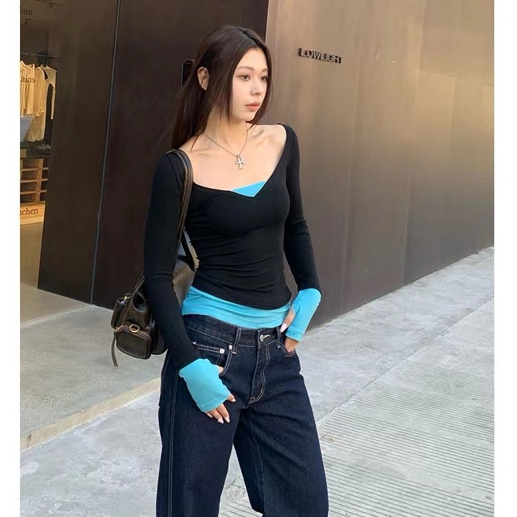 黑色chic韓系別致假兩件上衣女裝2025新款早開春季穿搭設計感T恤