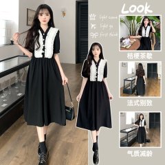 收腰拼接假兩件連衣裙女夏季短袖過膝中長裙今年流行V領茶歇A字裙
