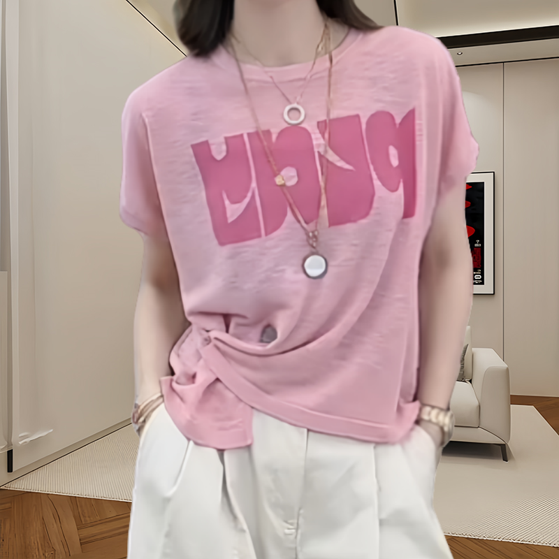 Short-sleeved T-shirt for women early autumn new letter printing round neck thin shirt design stylish loose age-reducing top