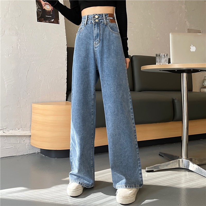 -Real shot of new spring style loose wide legs high waist drooping versatile jeans for women